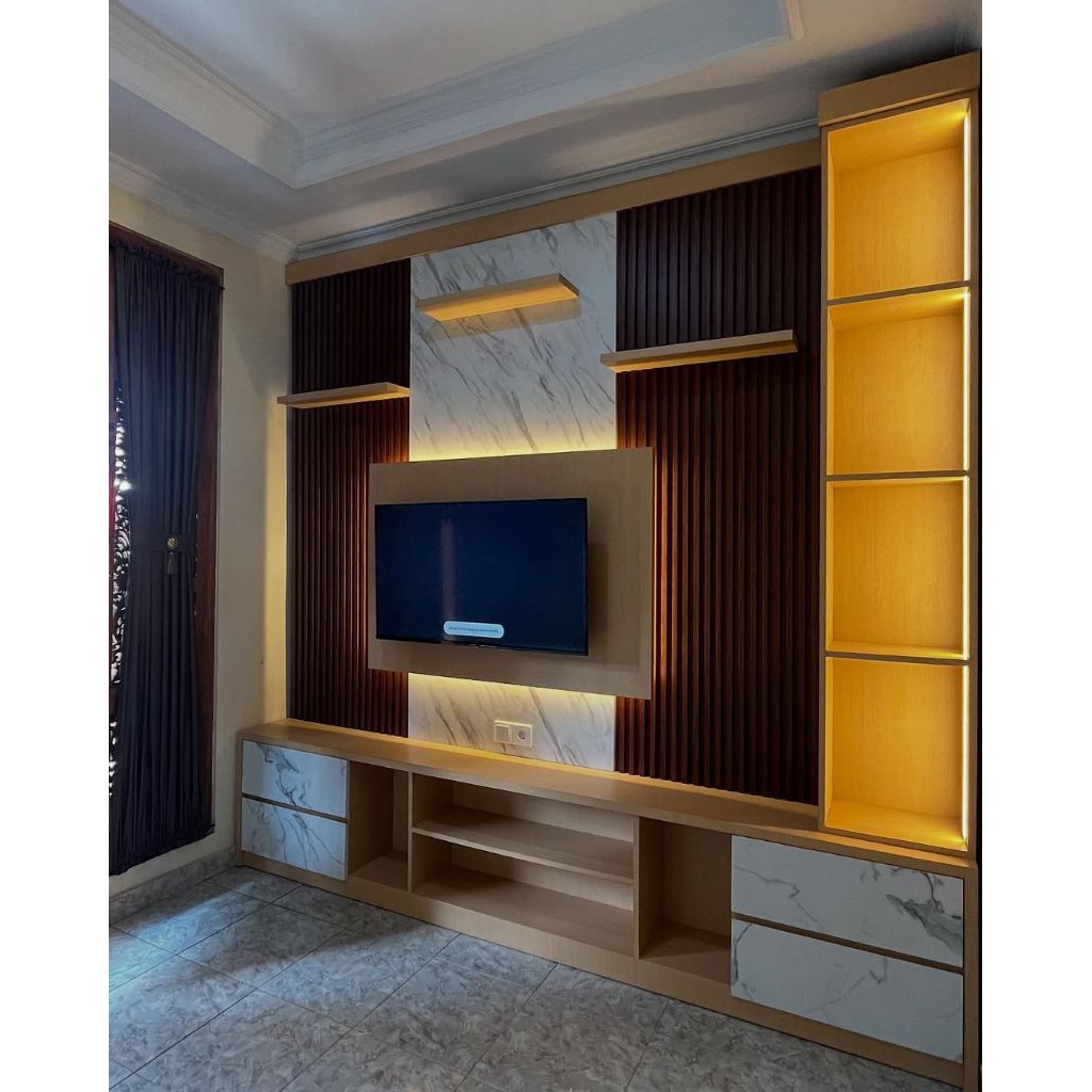 Start harga 1.455.000/m², Custom Backdrop TV Minimalis Modern – Rak TV Wallpanel Kayu & Marmer Elega