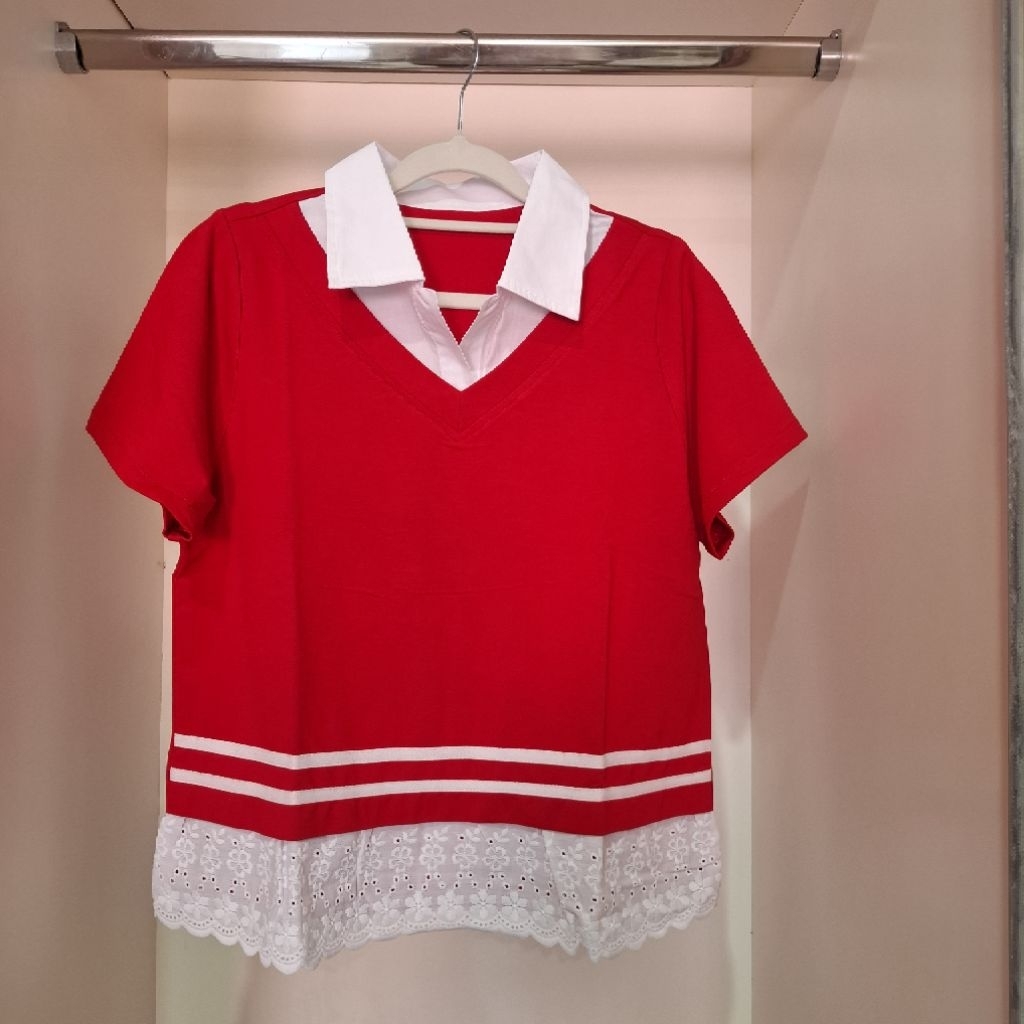 ATASAN BLOUSE KAOS KERAH MIX RENDA WANITA BAJU NATAL IMLEK MERAH SPECIAL PRICE