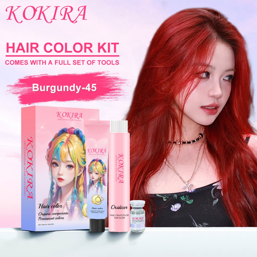 KOKIRA Burgundy hair color Cat Rambut Permanen Hair Dye Pewarna Rambut Color & Developer 200ml Alami