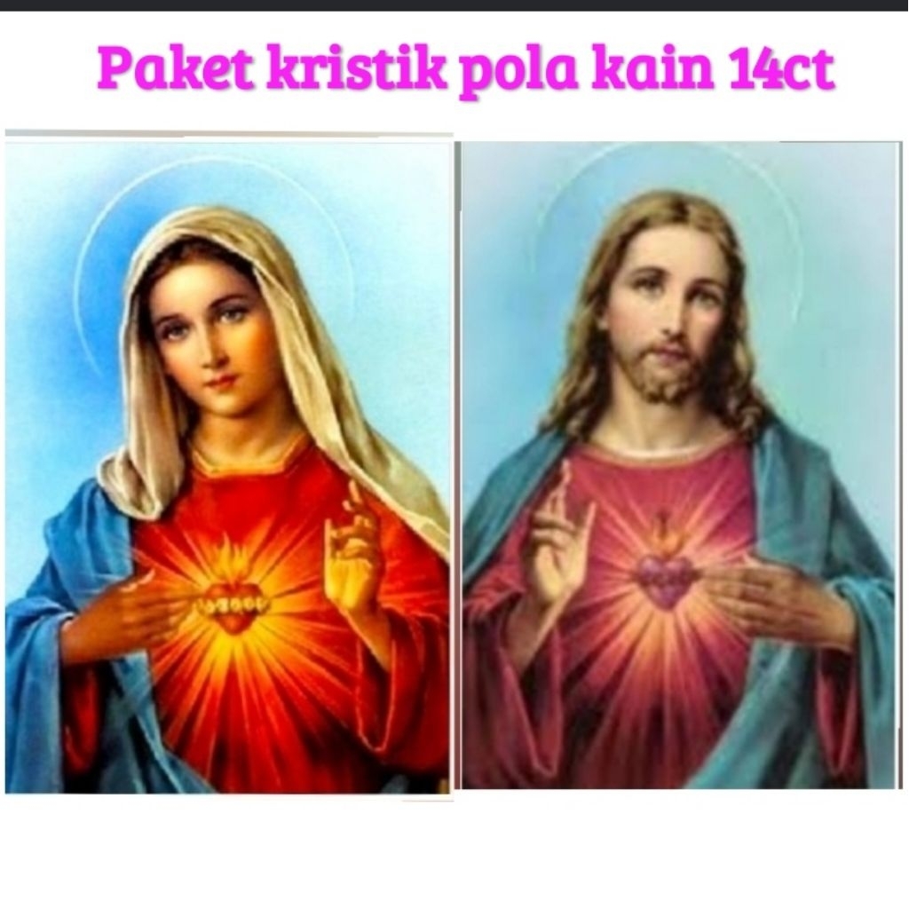 CROSS STITCH MARIA YESUS HATI KUDUS POLA KAIN KRISTIK PAKET SULAM SILANG 14CT