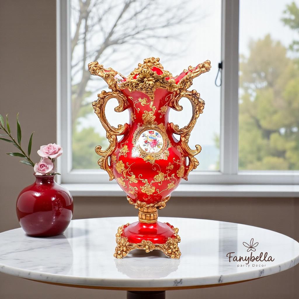 Vas Bunga Keramik Guci Porselen Antik Merah Gold Mewah Import Dekorasi Hiasan Rumah