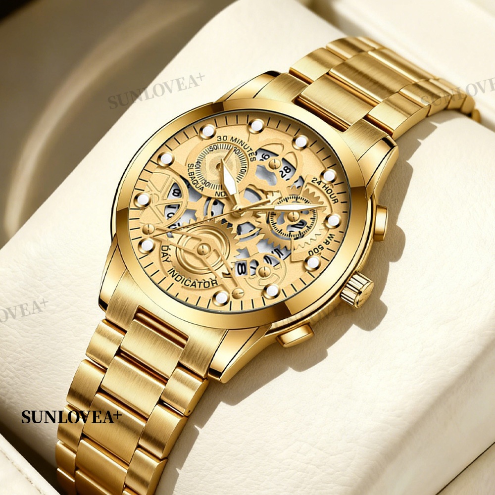 SunloveA+ Emas pria jam tangan pria besar emas jam tangan tahan air tinggi pria baja tali