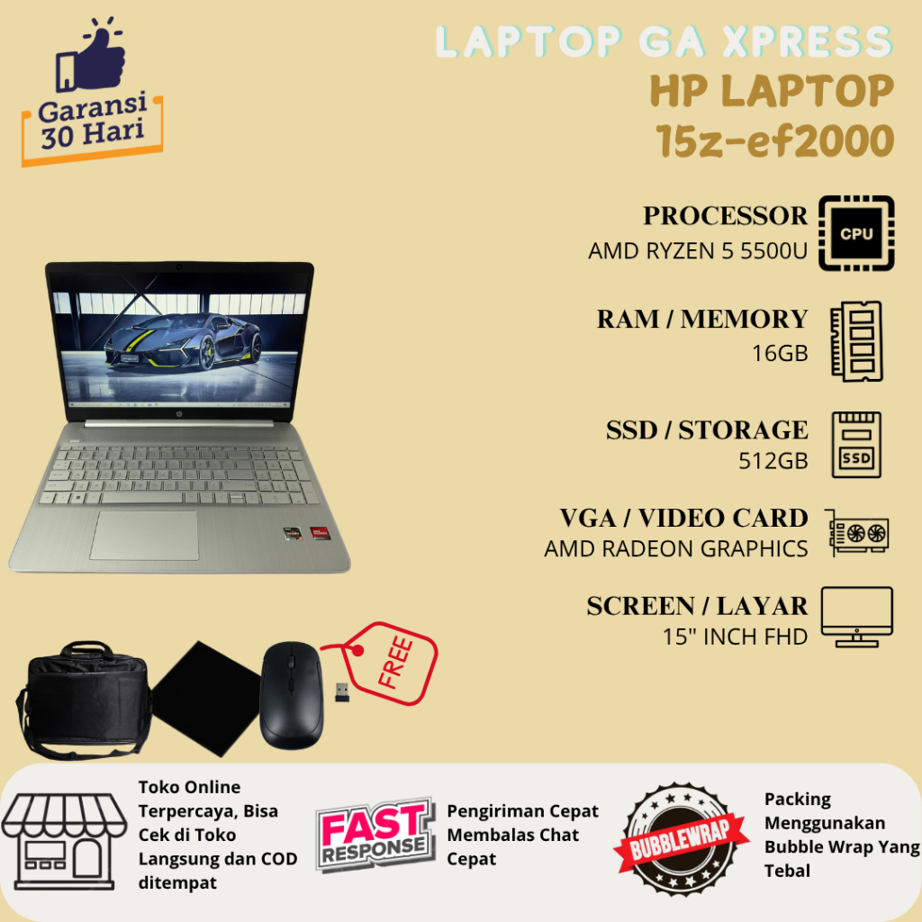 HP Laptop 15z-ef2000 AMD Ryzen 5 5500U Layar 15" Inch FHD - RAM 16GB SSD 512GB
