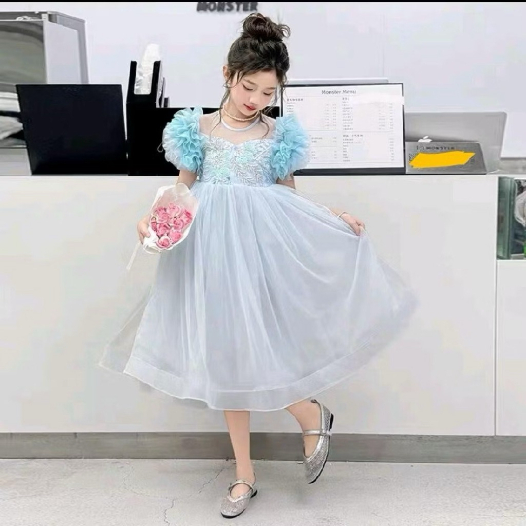 Dress pesta tile kembang mewah pink, blue ice anak perempuan