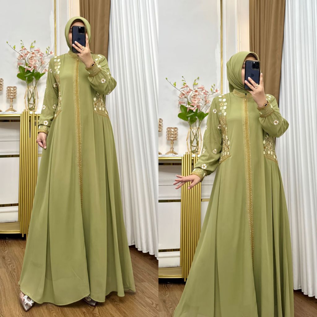 NR_Gamis hikmat model kekinian terbaru sett hijab mix bordir buat lebaran atau pegajian new