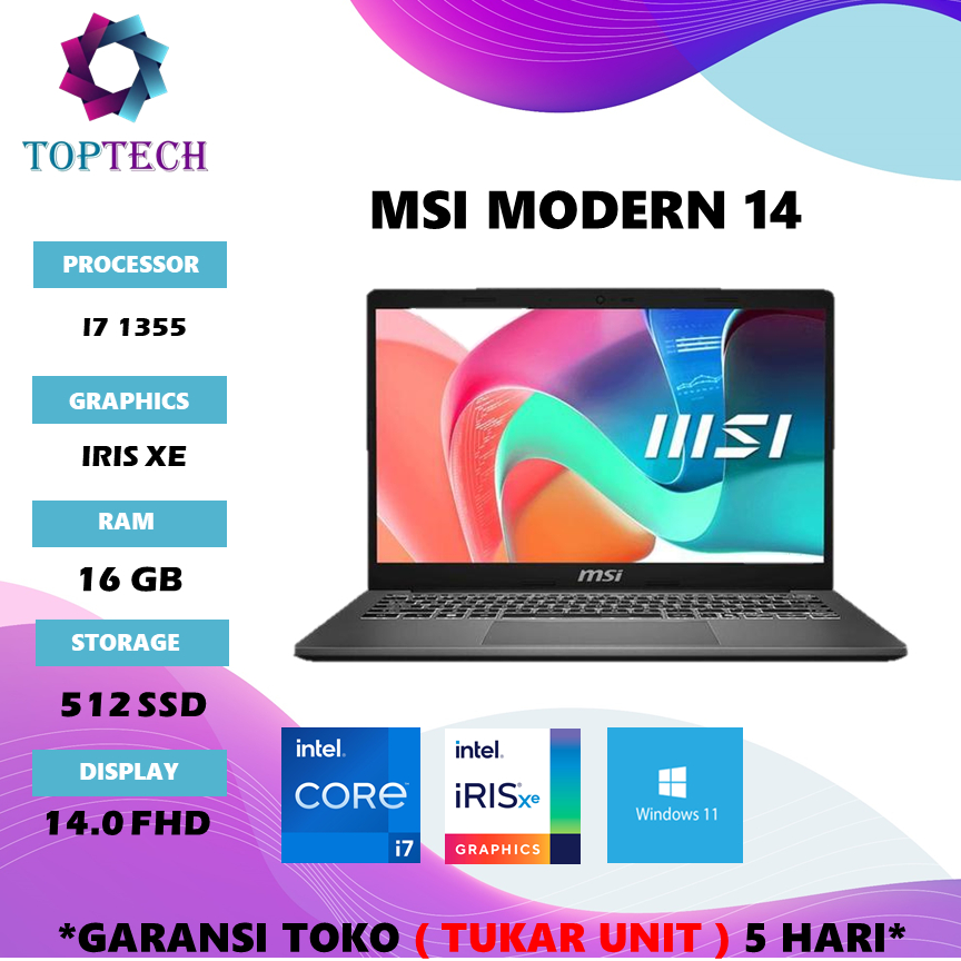 LAPTOP MSI MODERN 14 I7 1355 RAM 16GB SSD 512GB W11+OHS 14.0FHD IPS BERGARANSI RESMI