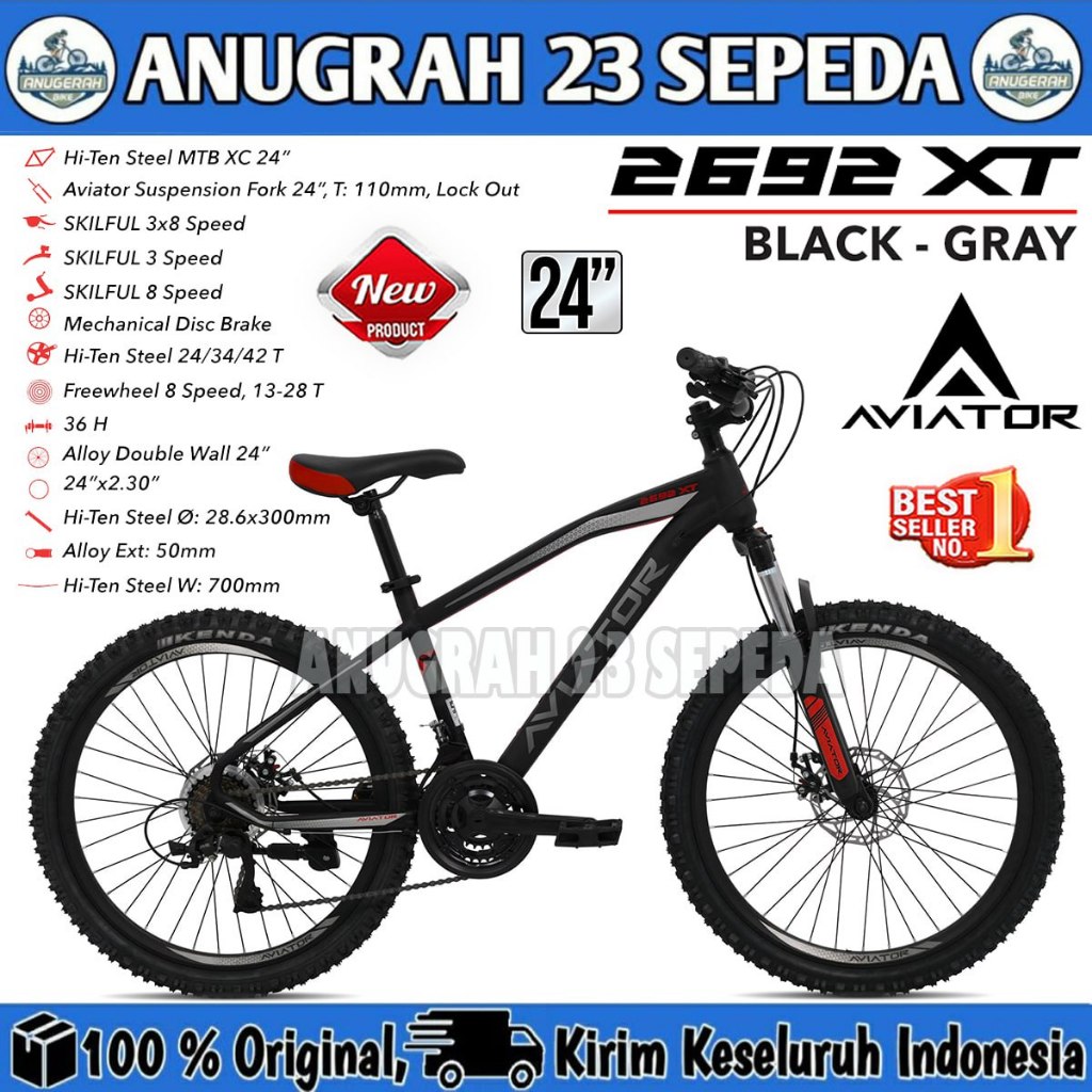 Sepeda Gunung MTB AVIATOR 2692 XT Ukuran 24 & 26 Inch 8 Speed