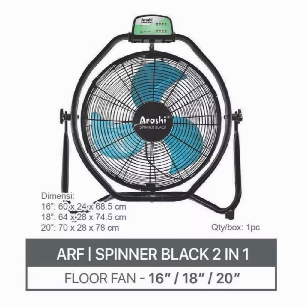 FLOOR FAN 16" 18" 20" REMOTE SPINNER BLACK ARASHI / Kipas Dinding /Kipas Lantai