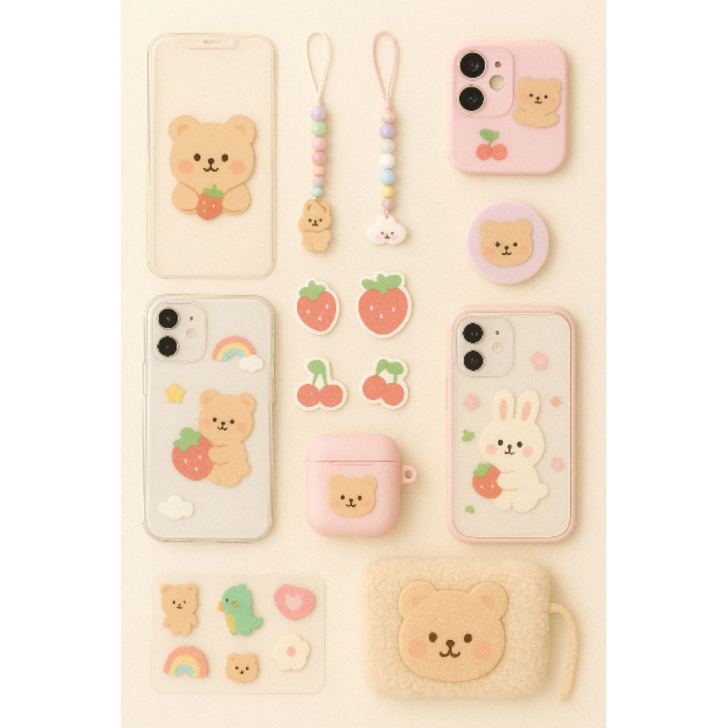 Case HP Kawaii Aesthetic Imut – Softcase Bear Strawberry, Bunny Strawberry, Rainbow Bear + Sticker K