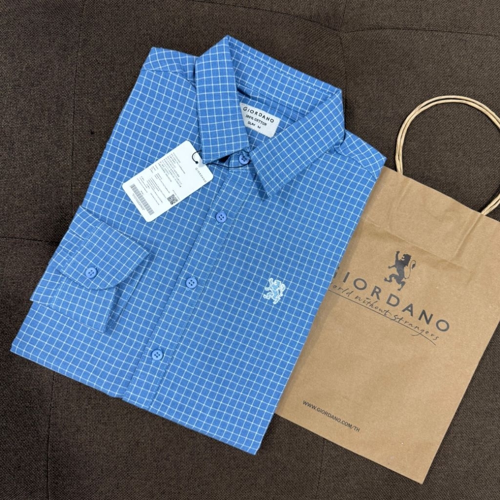 Kemeja Giordano Garis Kotak-kotak Bordir Logo Lion Unisex Premium Kasual Denim Lengan Panjang