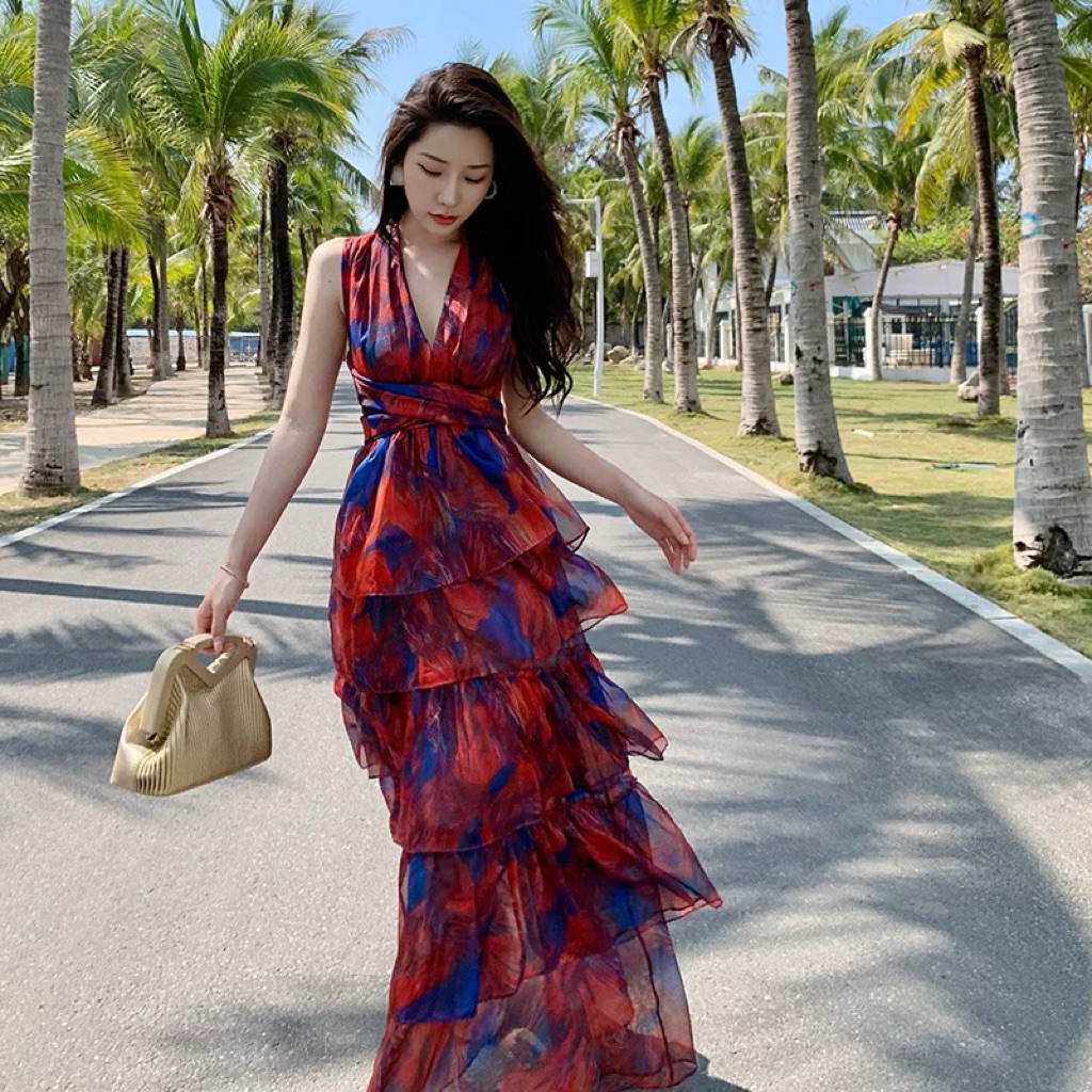 Dress wanita korea merah panjang pantai