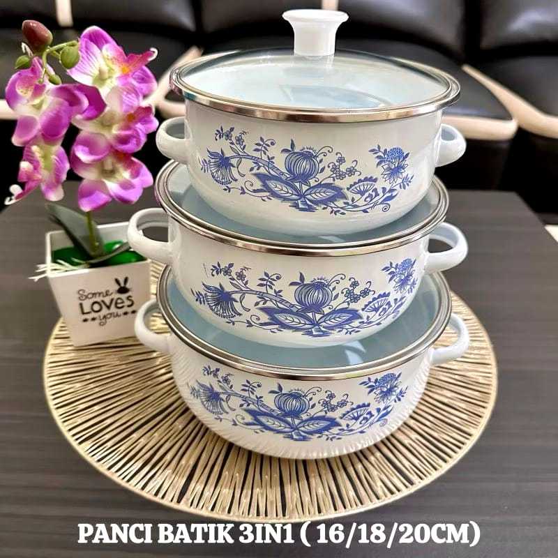 Panci Enamel motif bunga 3PCS 16/18/20cm Cookware Set SS / Panci motif bunga Isi 3 / Panci Enamel mo
