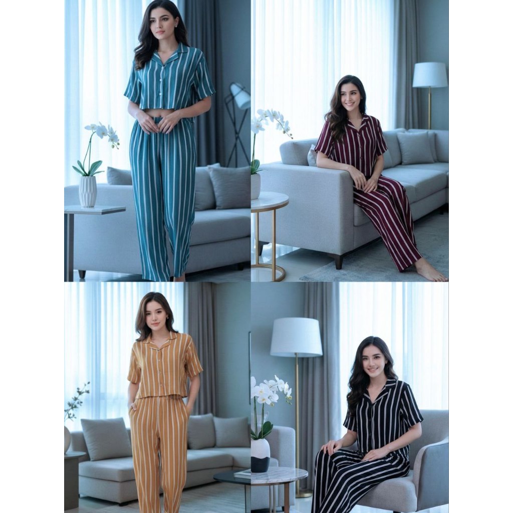 Setelan One Set Baju Tidur Wanita  Set Piyama Crop Top & Celana Panjang Nyaman untuk Tidur