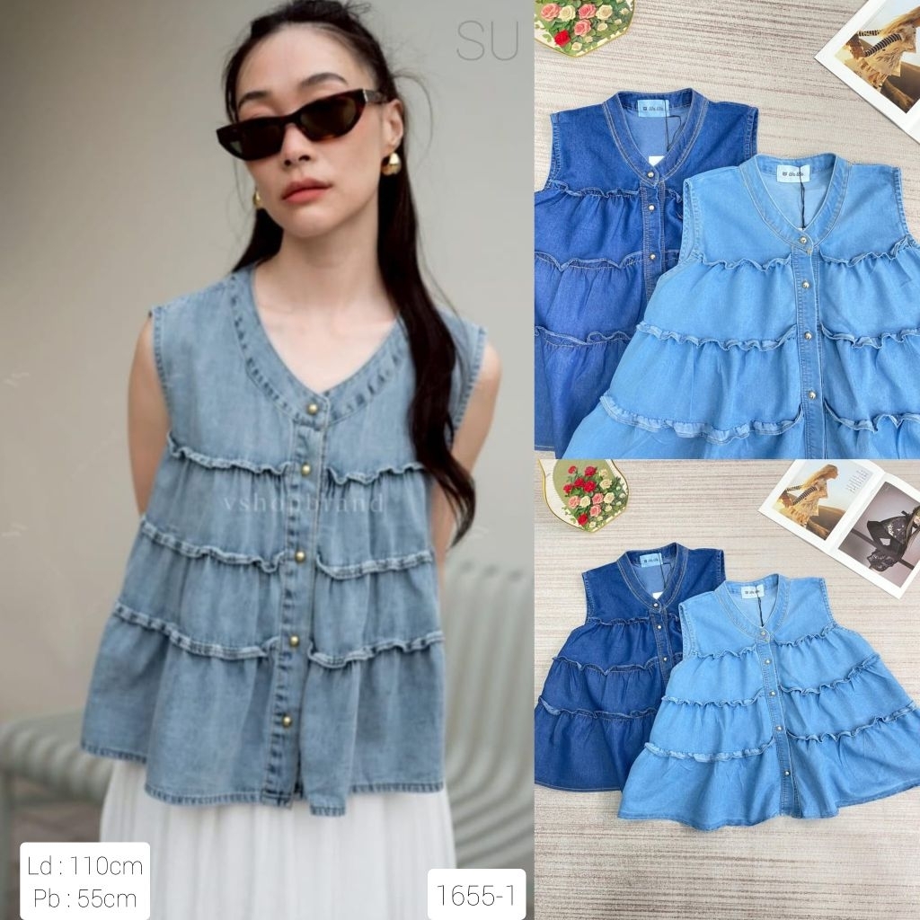Atasan Denim Import kutung//Blouse jeans kancing//Vest Jeans