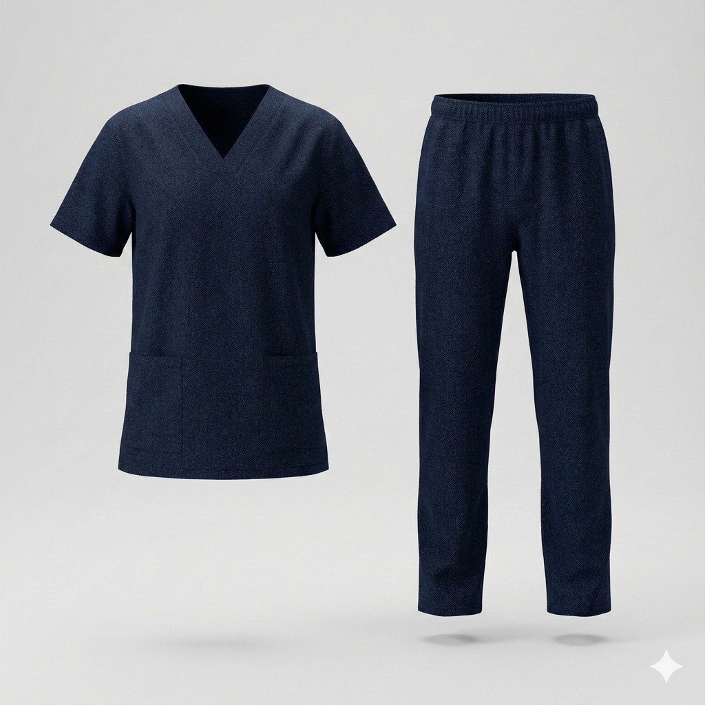 Setelan scrub / Baju jaga / Baju dokter lengan pendek kerah v bahan softjeans warna navy / biru dong