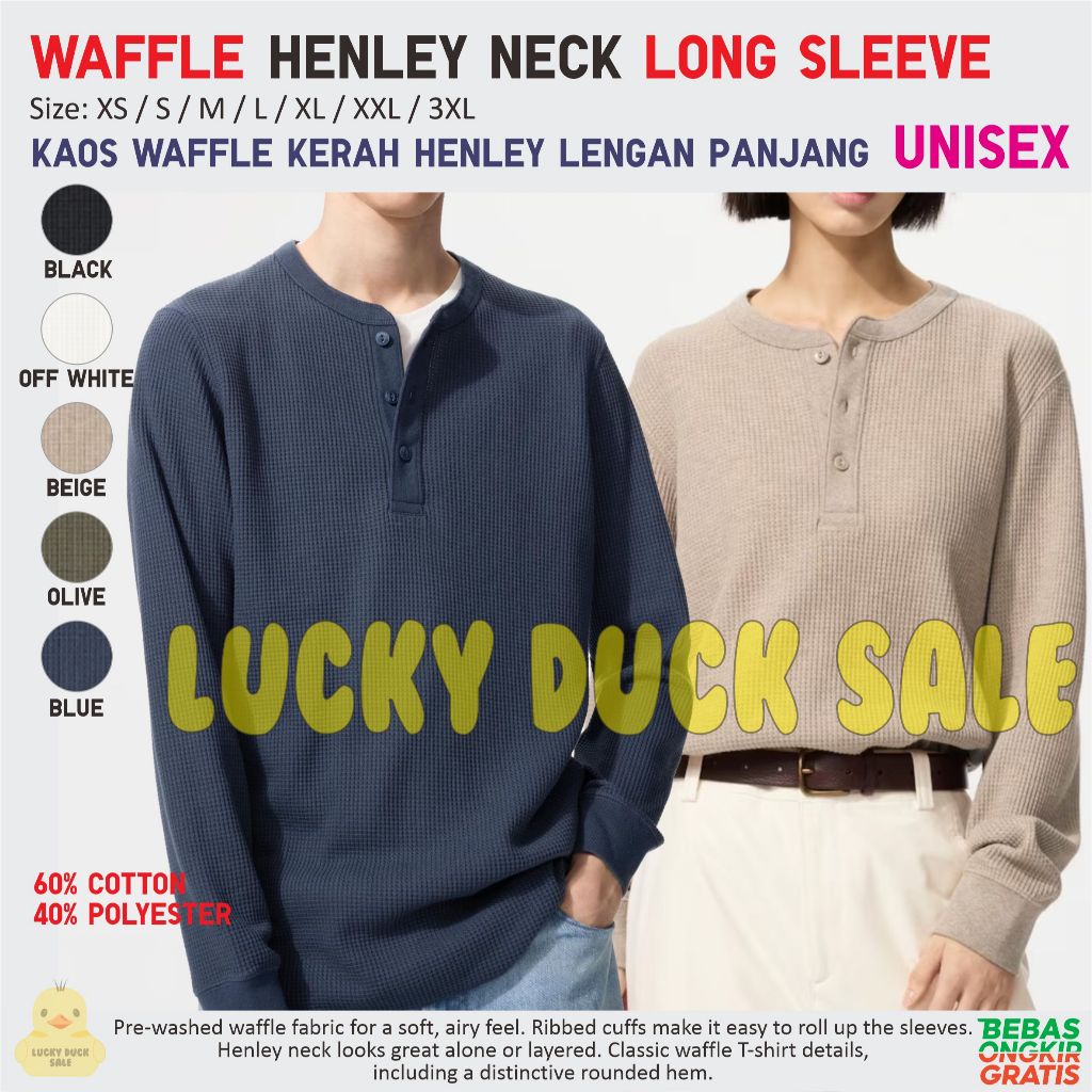 UNIQLO Waffle Henley Neck Long Sleeve Shirt Unisex Kaos Kerah Kancing Lengan Panjang