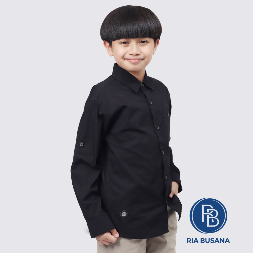 Ria Busana - UIS - Kemeja Anak Pria Lengan Panjang Katun Hitam Polos Art. UKKP06803GTP