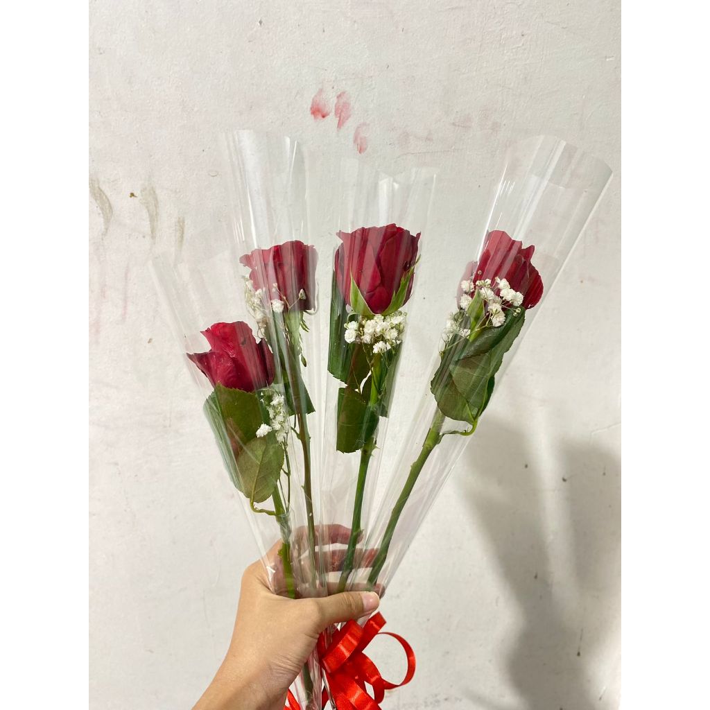 Buket mawar asli premium tangkaian plastik mika murah warna tersedia