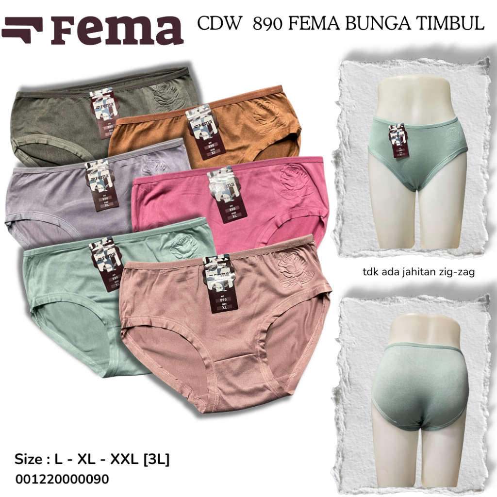 FEMA Official Shop Ecer 3,6,12 pcs CD Wanita Emboss 890 Bunga CD FEMA Bunga Nylon Spandex