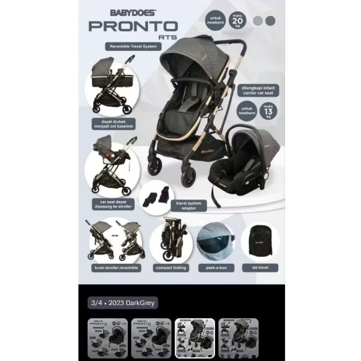Stroller BabyDoes Pronto RTS with Travel System Dark Grey (Preloved)