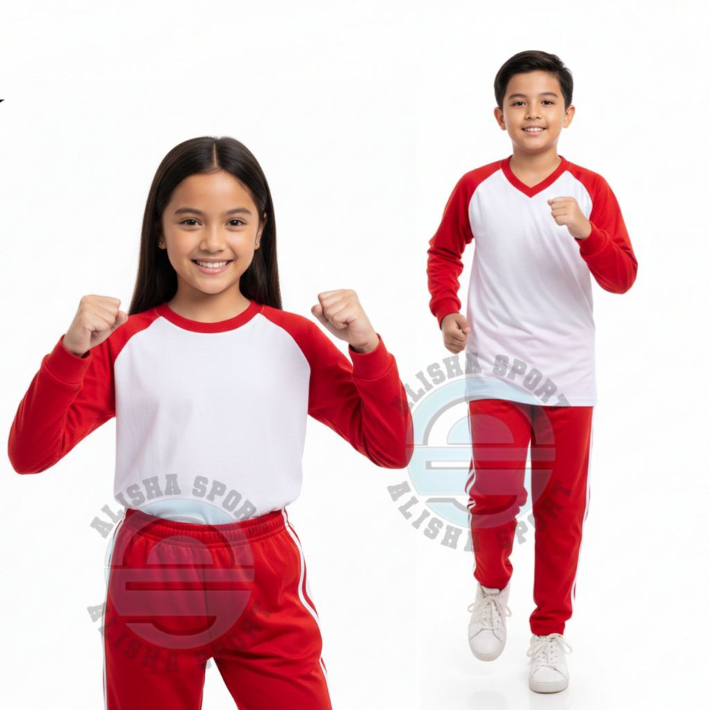 SETELAN BAJU OLAHRAGA ANAK SD UNISEX SERAGAM KAOS OLAHRAGA LENGAN PANJANG Putih Merah ANAK KECIL Lak