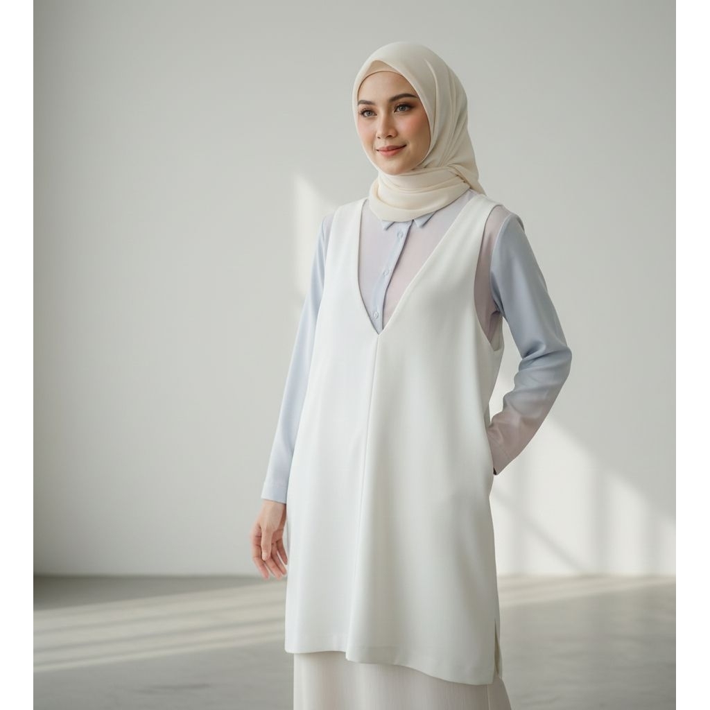 outer putih tanpa lengan / vest muslim /  vest outer  / kurve white sleeveless v / vest putih dewasa