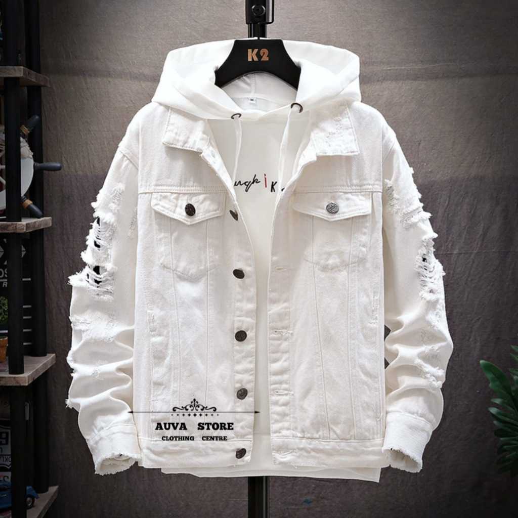 AUVA STORE | Jaket Denim Jeans  Topi Polos Sobek Putih dan Hitam || Jaket Fashion Pria Style