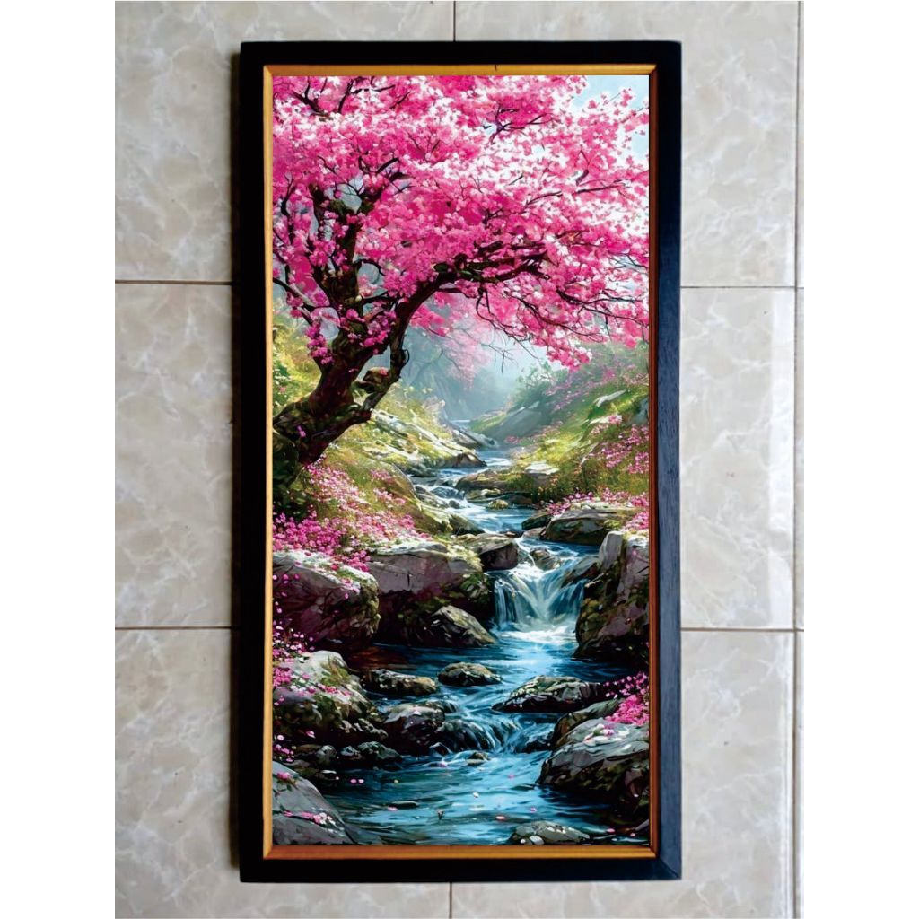 Hiasan Dinding Dekorasi cetak Gambar Bunga Sakura Plis Bingkai ukuran 50x100 cm