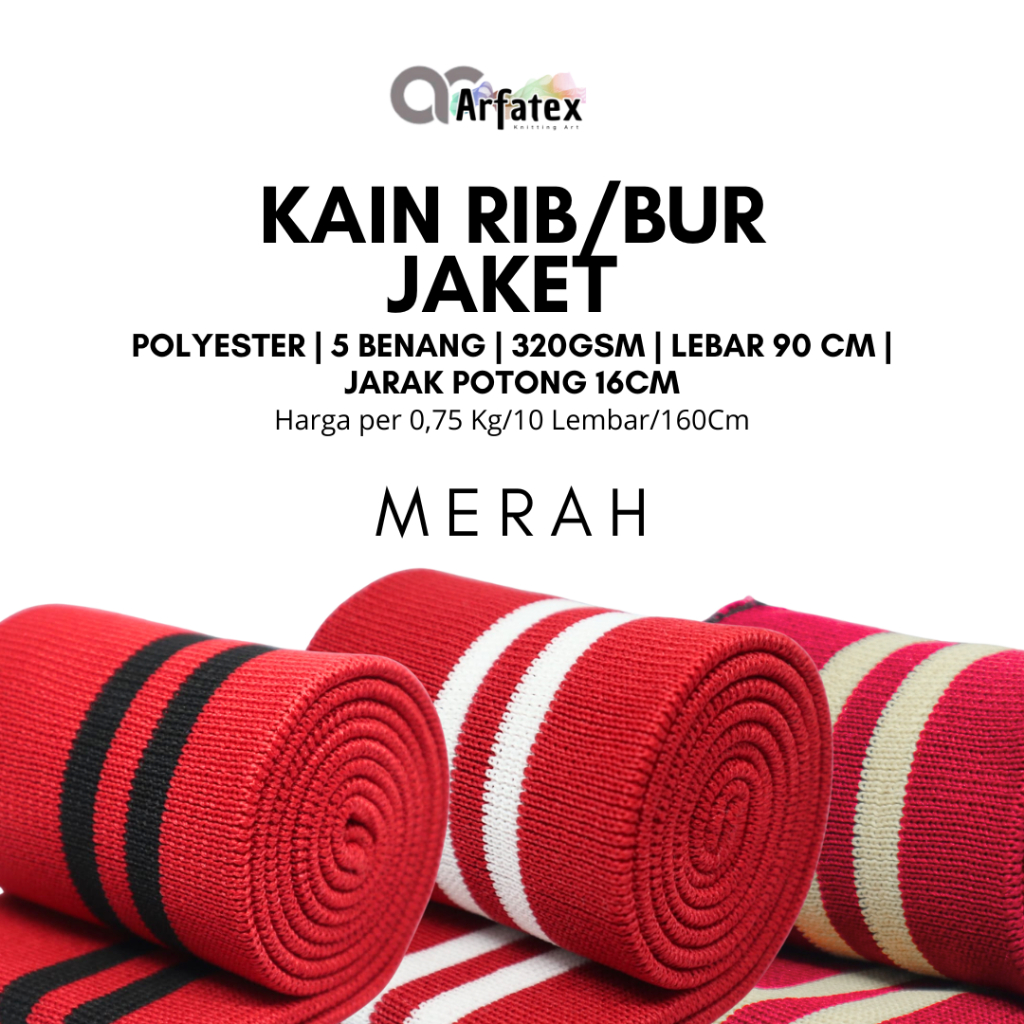 Kain rib bur polyester merah premium polos strip dan rajut babat aksesoris fashion
