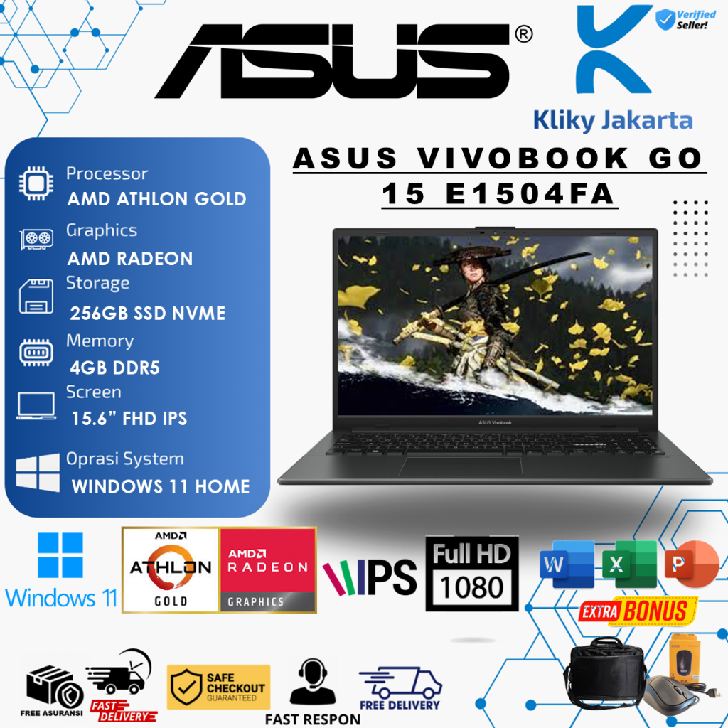 Laptop Asus Vivobook GO 15 E1504FA AMD Athlon Gold 7220 FHD IPS 512GB Windows11 Mixed Black Original