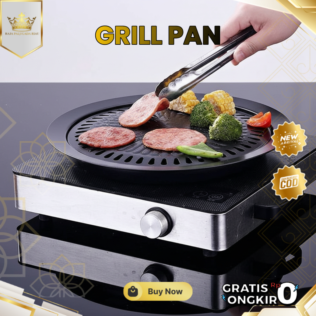 Grill Pan Wajan Panggang Bulat Anti Lengket - Alat Panggangan Sosis BBQ Teflon 32cm