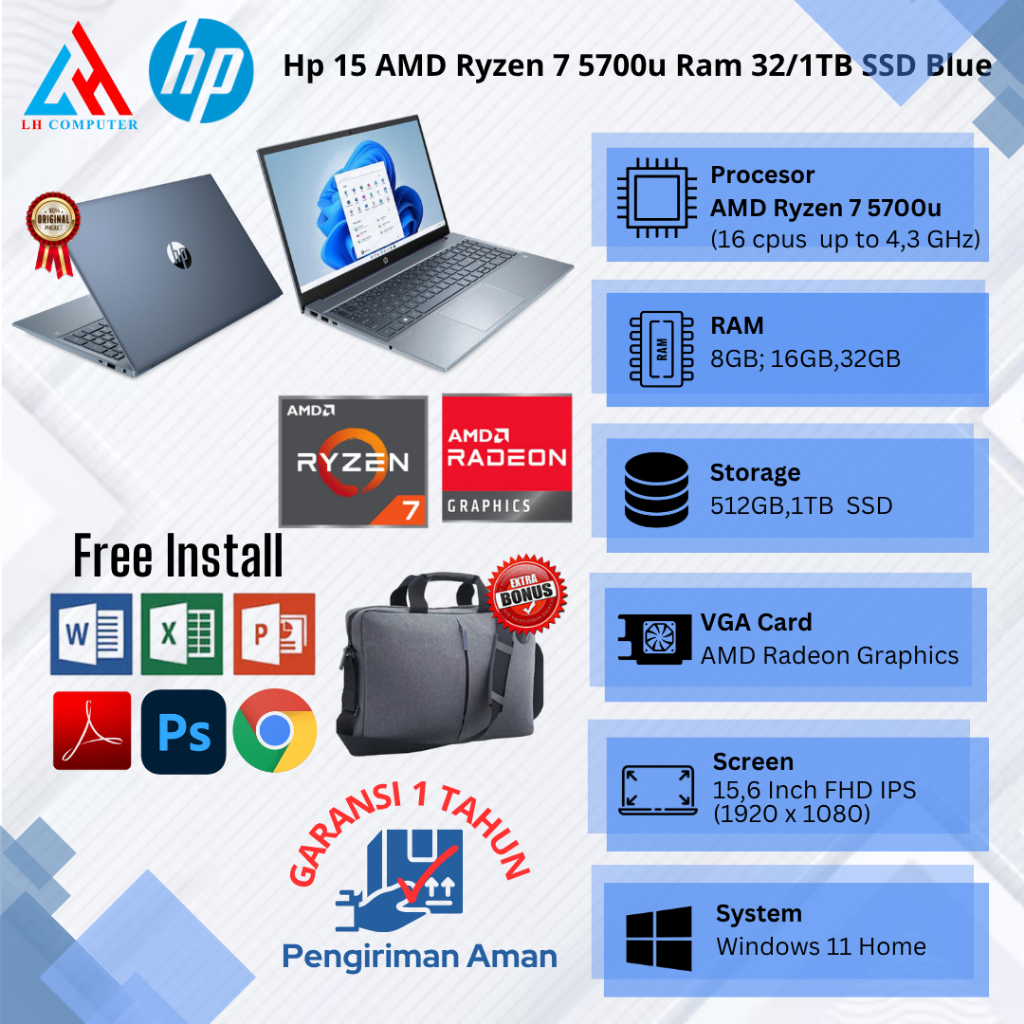 Laptop Baru Hp Pavilion 15 AMD Ryzen 7 5700u 4.3 Ghz (16 cpus) SSD Blue