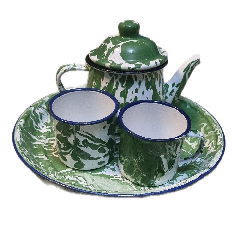 Set Nampan Lurik 25cm + Teko Cebol + 2 Gelas lurik 7cm | Enamel Lurik Hijau 4 Pcs Vintage | Paket Sa