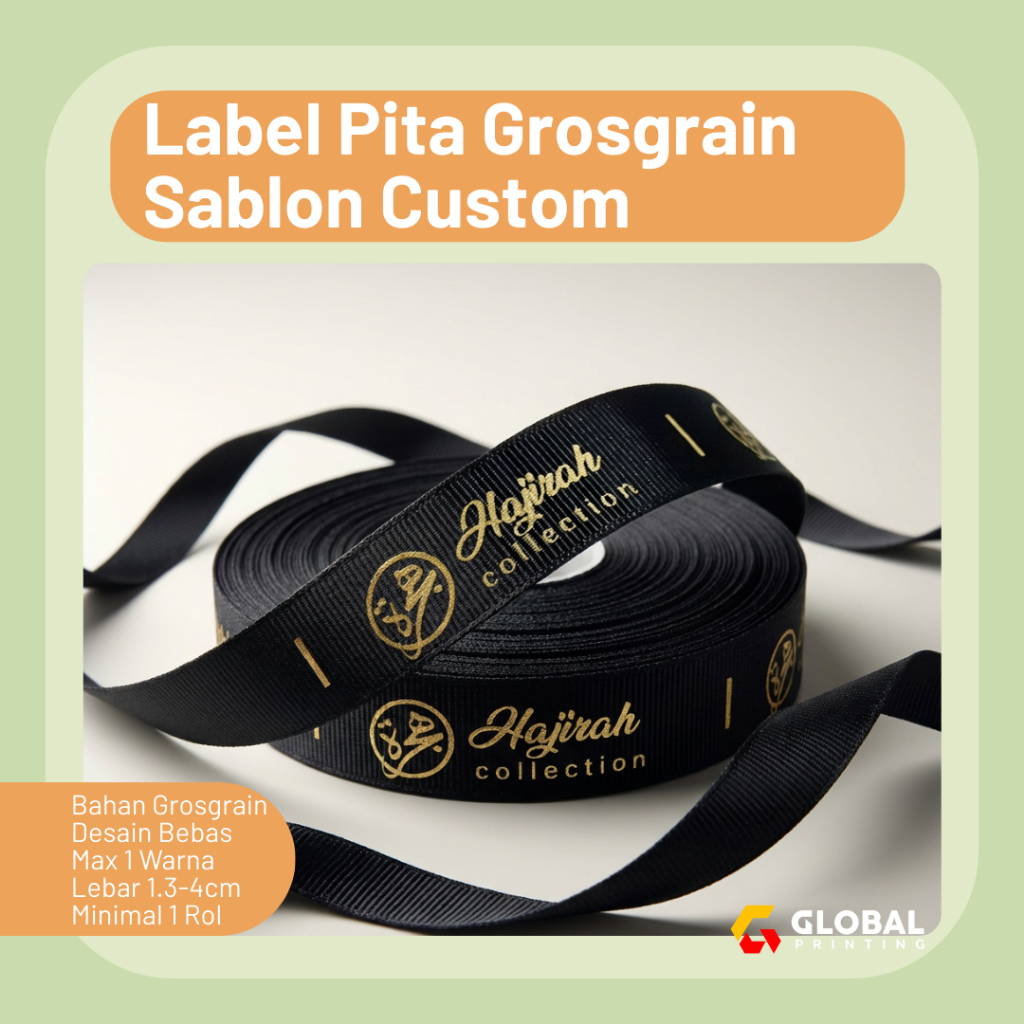 Pita Grosgrain Custom Sablon Label Baju Hijab Pita Kado Souvenir Pouch Pita Kemasan Label Merk Brand