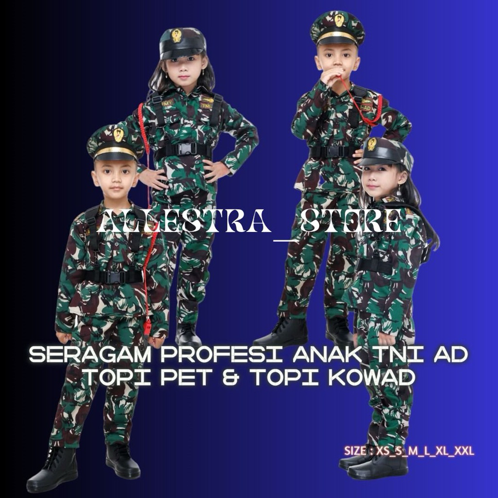 SERAGAM PROFESI TNI AD TOPI PET & KOWAD FULL SET FULL AKSESORIS KOPEL DAHRIM DAN SEPATU PDL ANAK