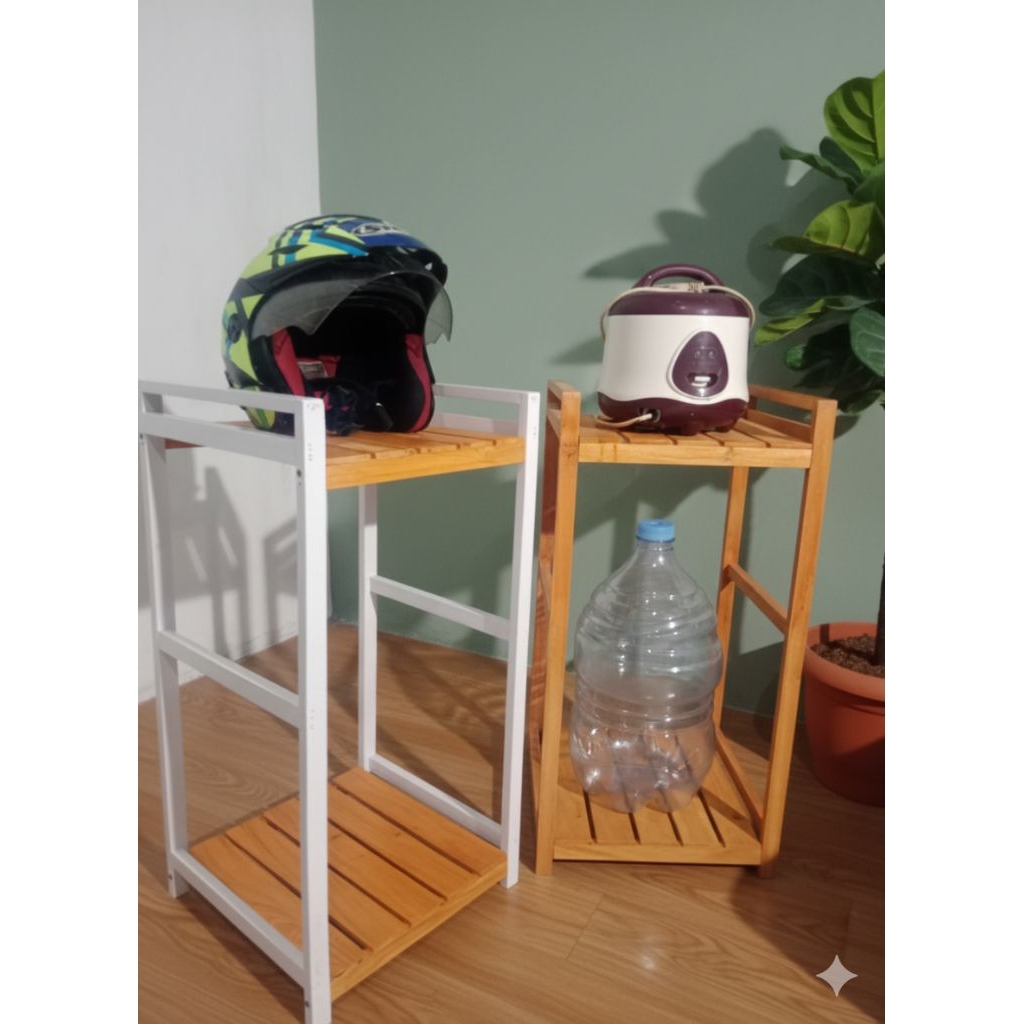 Meja magicom dan dispenser, rak susun kayu 2 tingkat