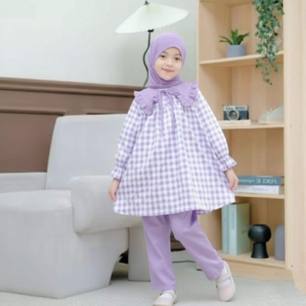Oneset tunik kotak anak perempuan/setelan anak perempuan motif kotak kotak