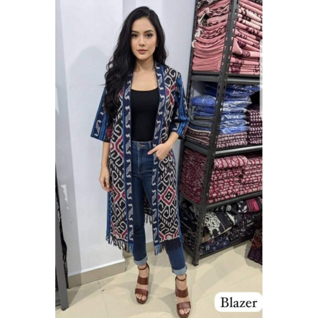WARDROBE TENUN JEPARA BLAZER WANITA CARDIGAN TENUN RUMBAI PANJANG