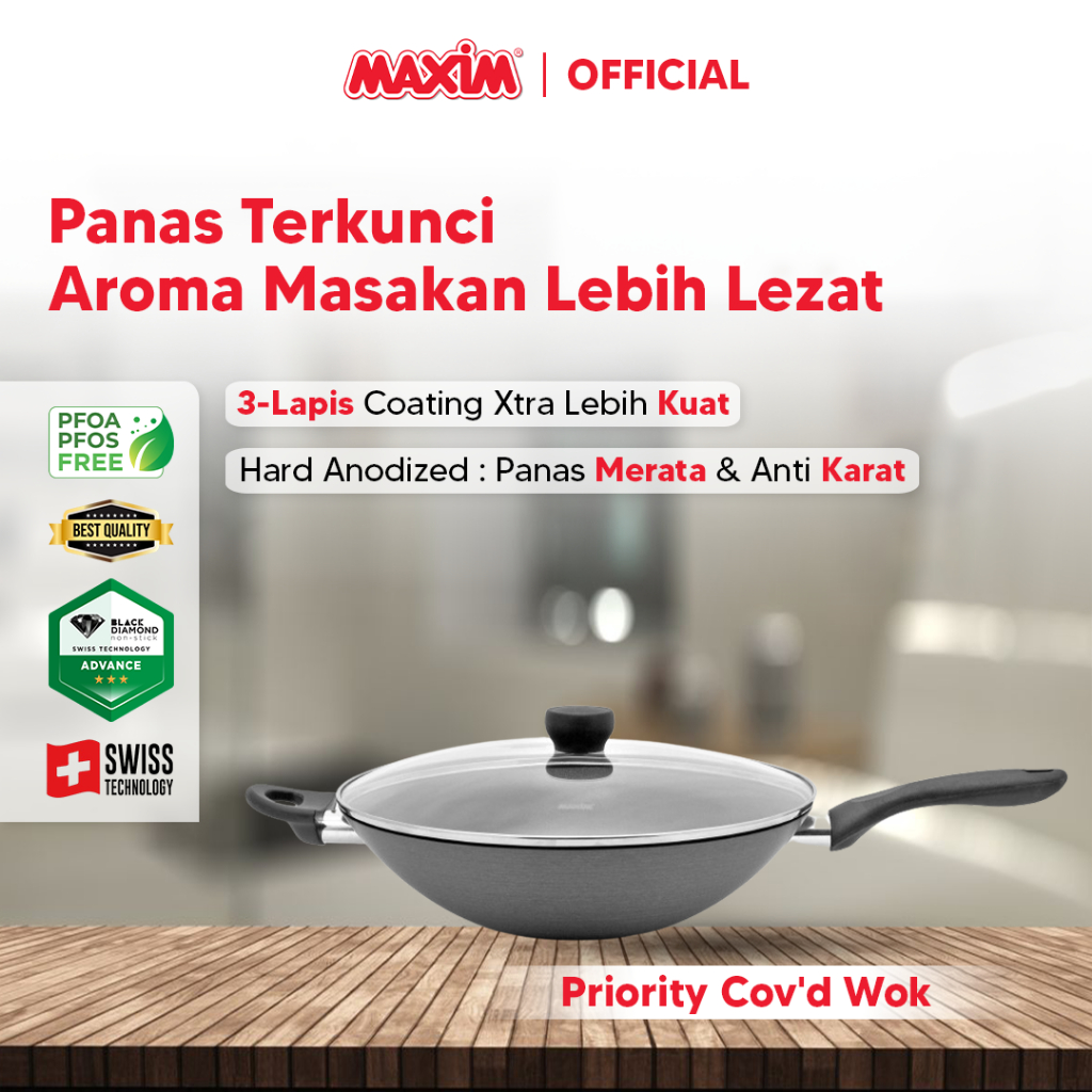 Maxim Priority Wajan Penggorengan Teflon Anti Lengket 32cm Wok + Tutup Kaca
