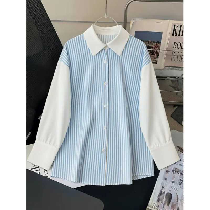 KEMEJA ANAK PEREMPUAN 5-16 TAHUN BAHAN KATUN SALUR MOTIF GARIS-GARIS KOMBINASI CRINKLE KEKINIAN FASH