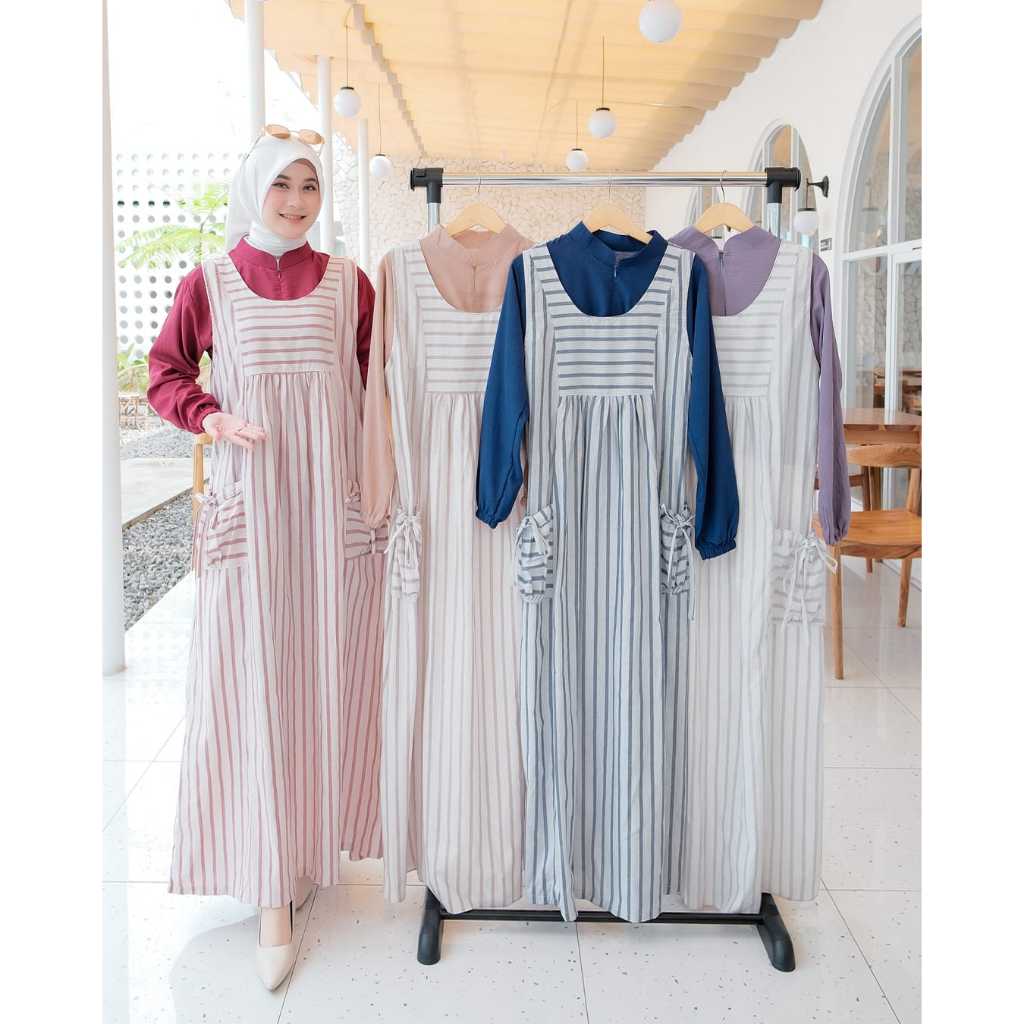 NA Fashion- Sanajan Dress Katun Triset Overall Bahan Katun Haruka Premium Adem Saku Kerut Korean Sty