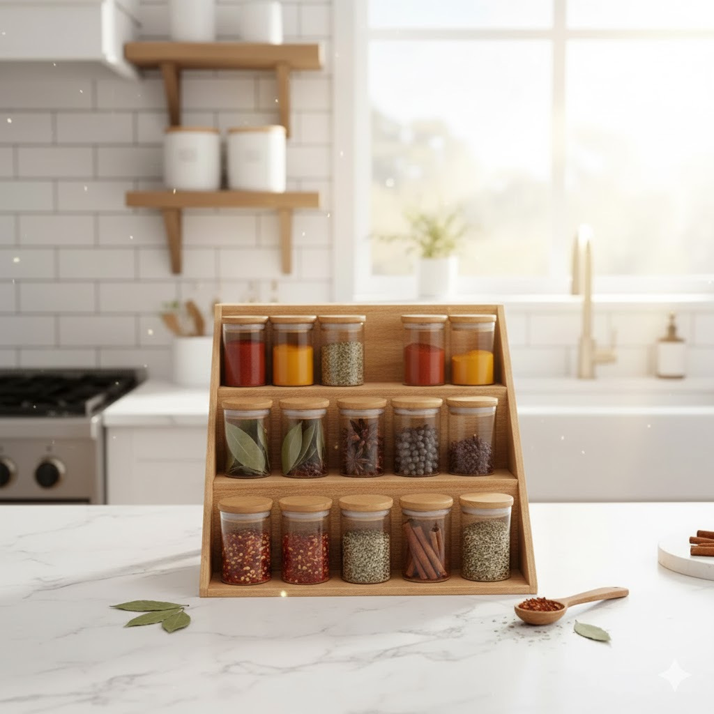 Rak Bumbu Kayu Pinus 3 Susun Tempat Bumbu Dapur Estetik Serbaguna