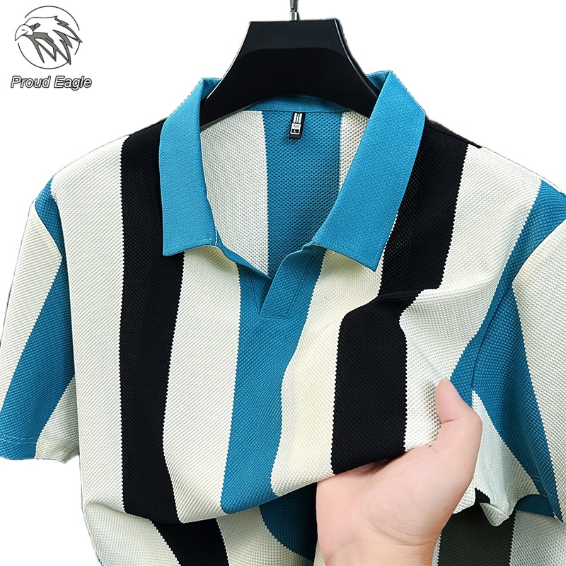 Proud Eagle kaos polo garis garis pria hem pria lengan pendek atasan pria