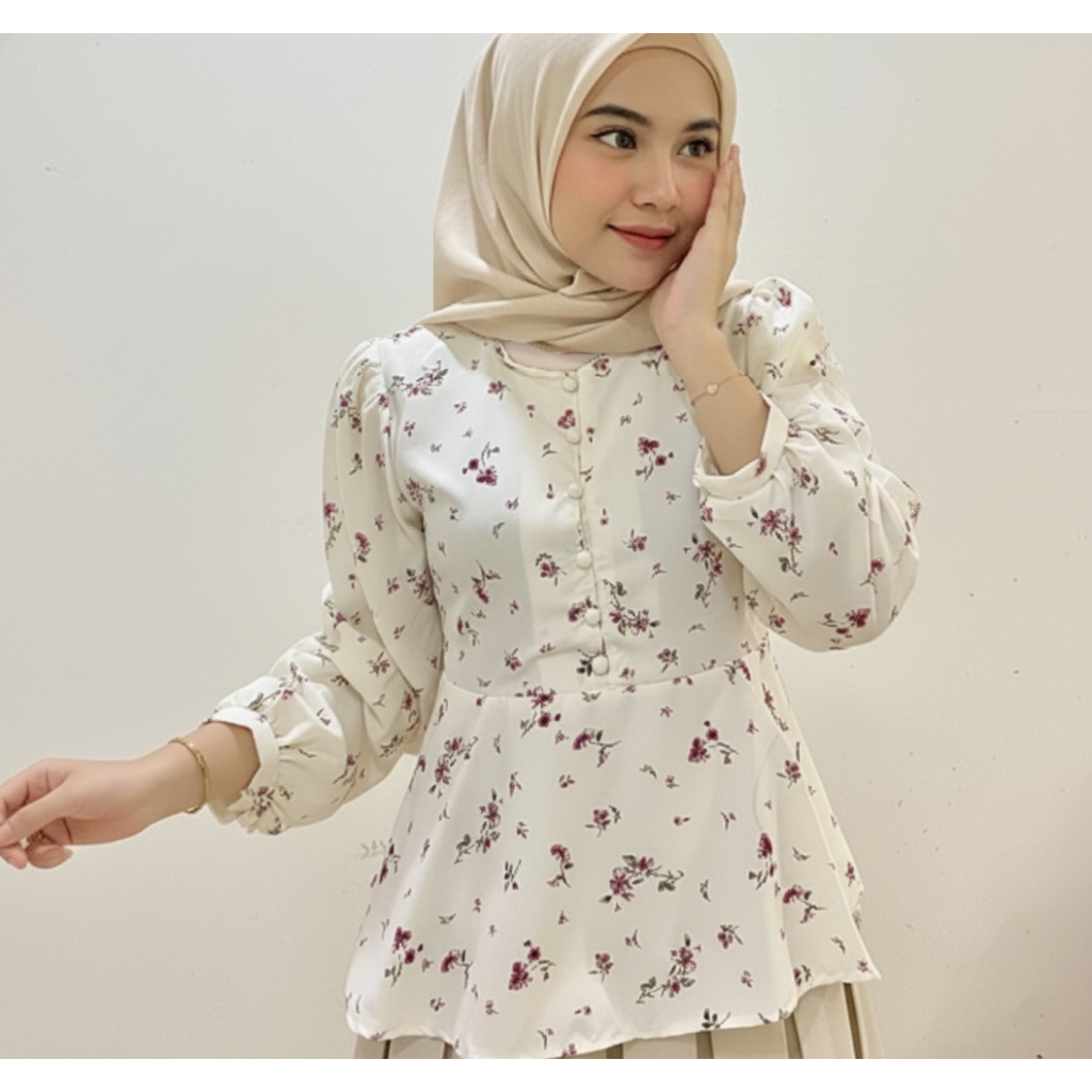 Blouse Bunga Putih Baby Doll Korean Style Lengan Panjang Hijab Atasan Baju Wanita Motif Casual