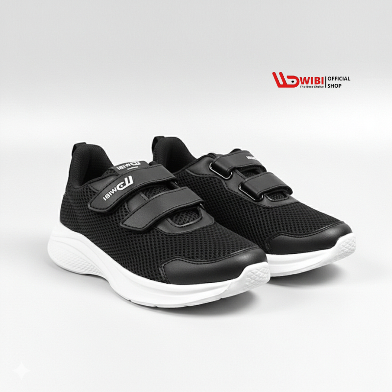 WIBI Hexagon SP51 - Sepatu Sekolah Anak anak Laki laki Wanita Hitam Putih 35 sd 38