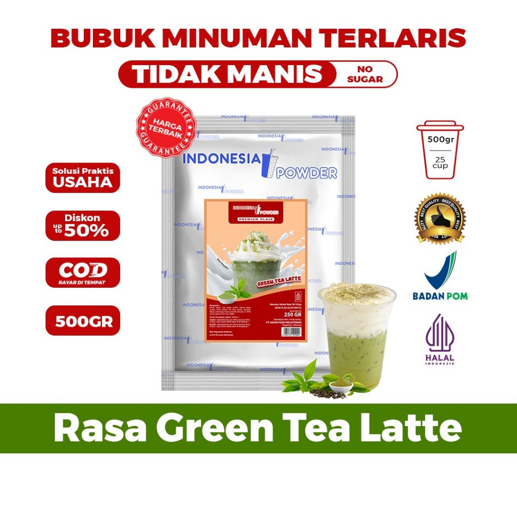 Bubuk Minuman Tanpa Gula Rasa Green Tea Latte/Matcha Latte 500 Gr Halal BPOM IPP Plain Omura Powder