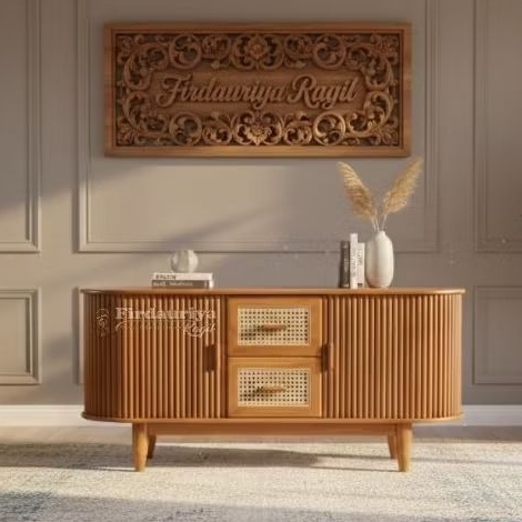 Bufet kayu jati perhutani Jepara credenza kredensa rotan alami oval lengkung mewah terbaru minimalis