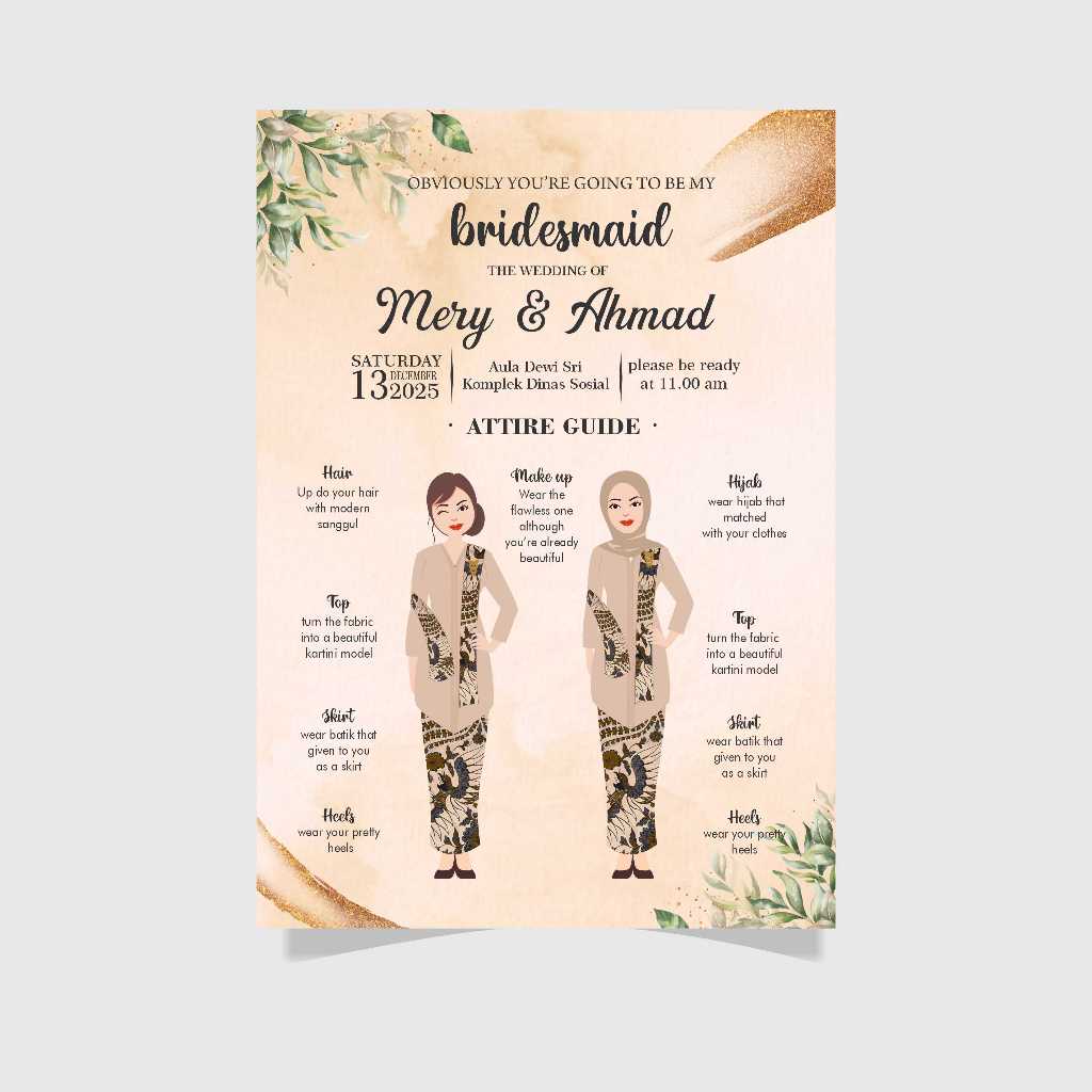 BRIDESMAID CARD / ATTIRE GUIDE CARD Model Janggan Kutubaru Kartini