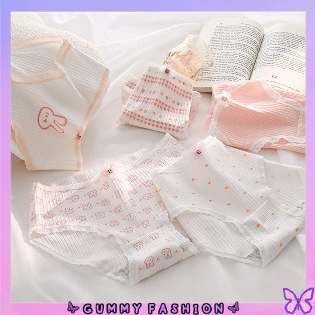 •GUMMY• CD2149 CD Celana Dalam Katun Renda Pita Wanita Rabbit Head Pink Putih Menyerap Keringat