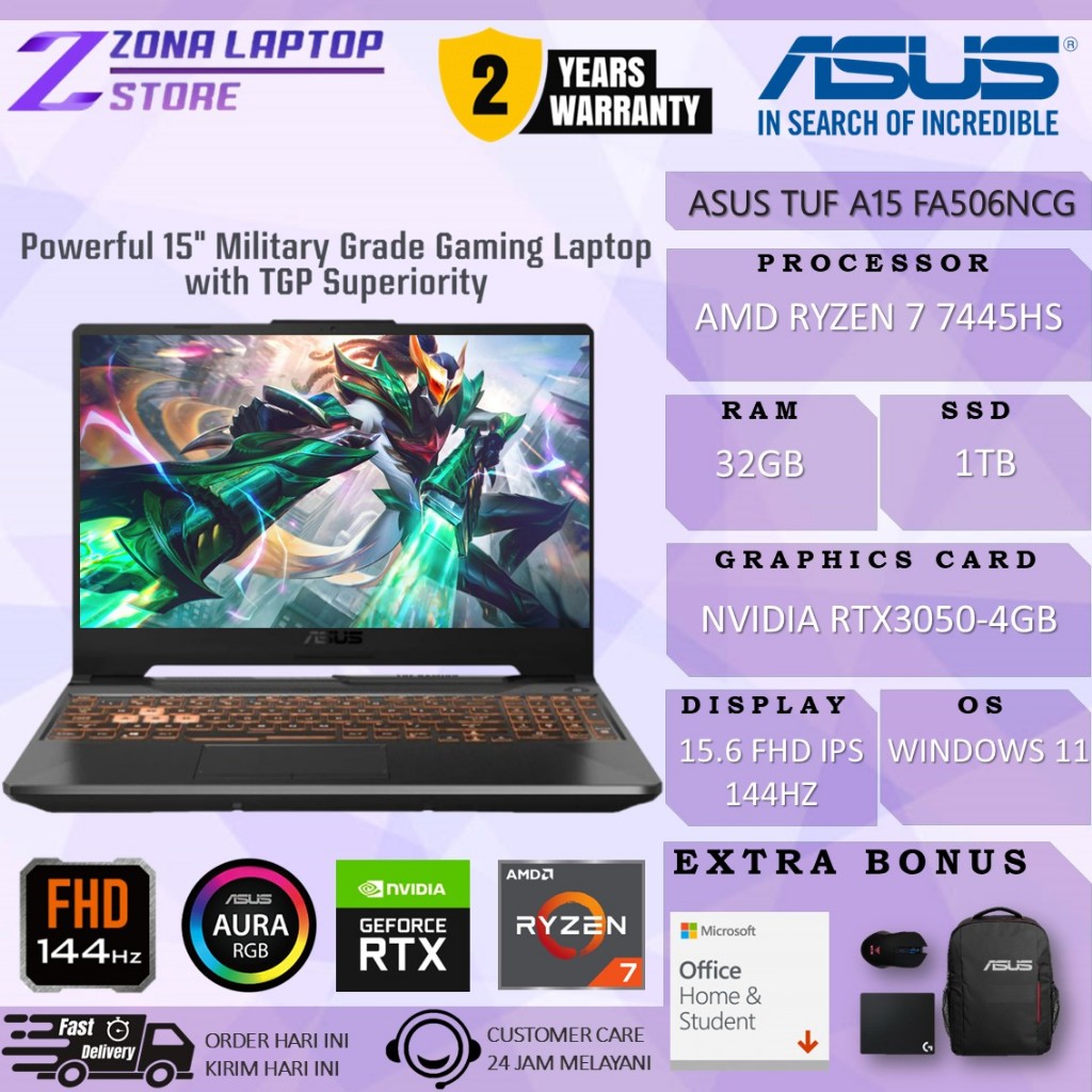 Asus TUF A15 Ryzen 7 7445hs RTX 3050 32GB DDR5 1TB SSD 15.6" FHD IPS 144hz Laptop Gaming Win11home